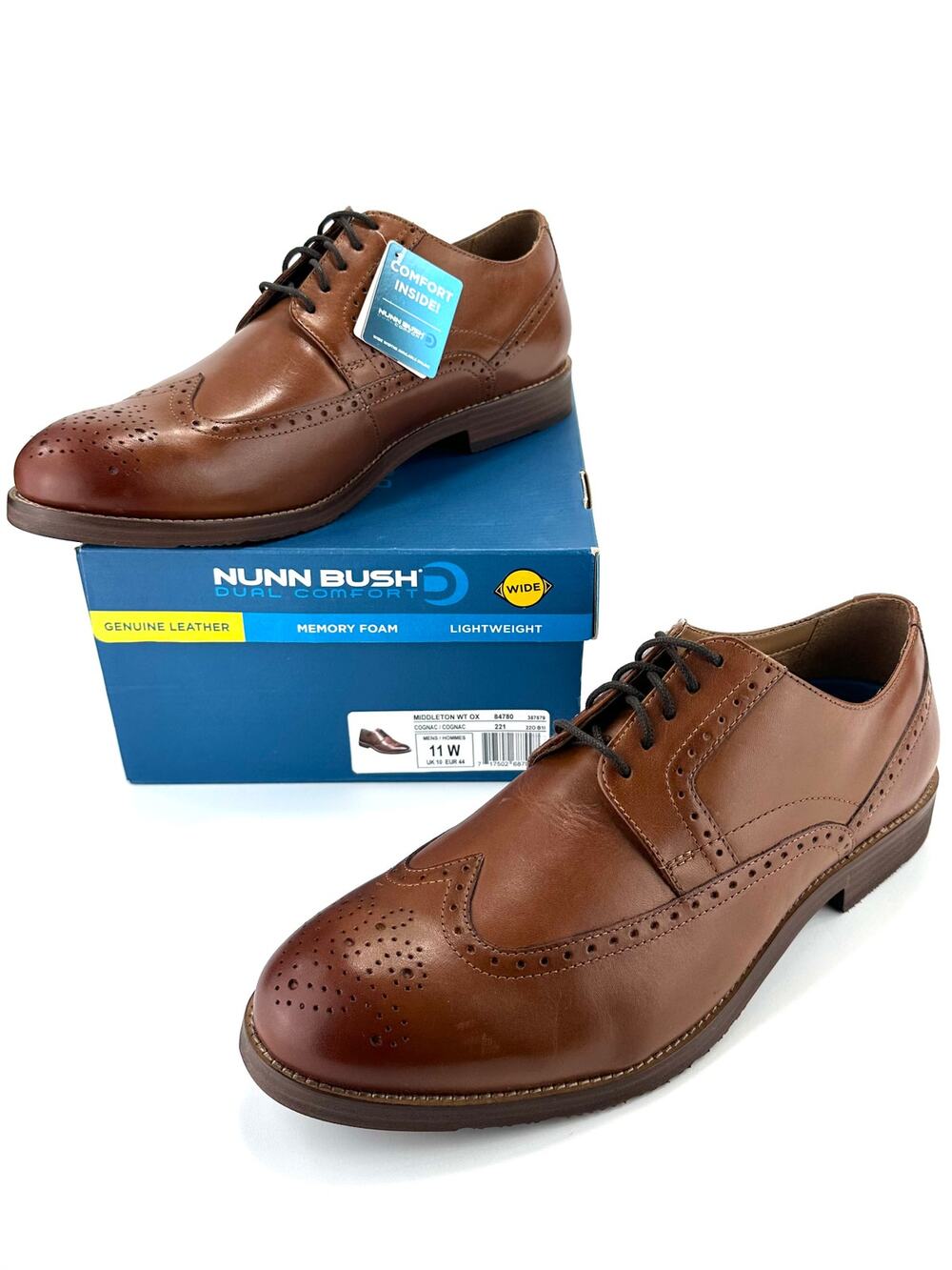 Nunn Bush Men Derby Shoes Sz 11W Cognac Leather Cushioned Brogue Wingtip Toe New